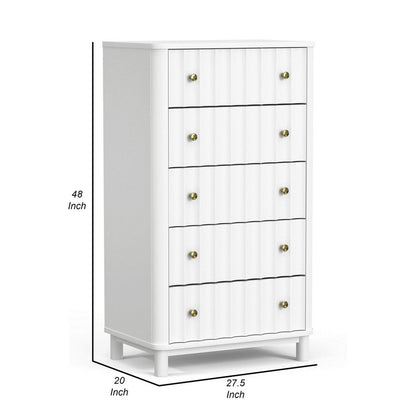 Aya 48 Inch Tall 5 Drawer Dresser Chest, Scalloped Motif Front, White Wood