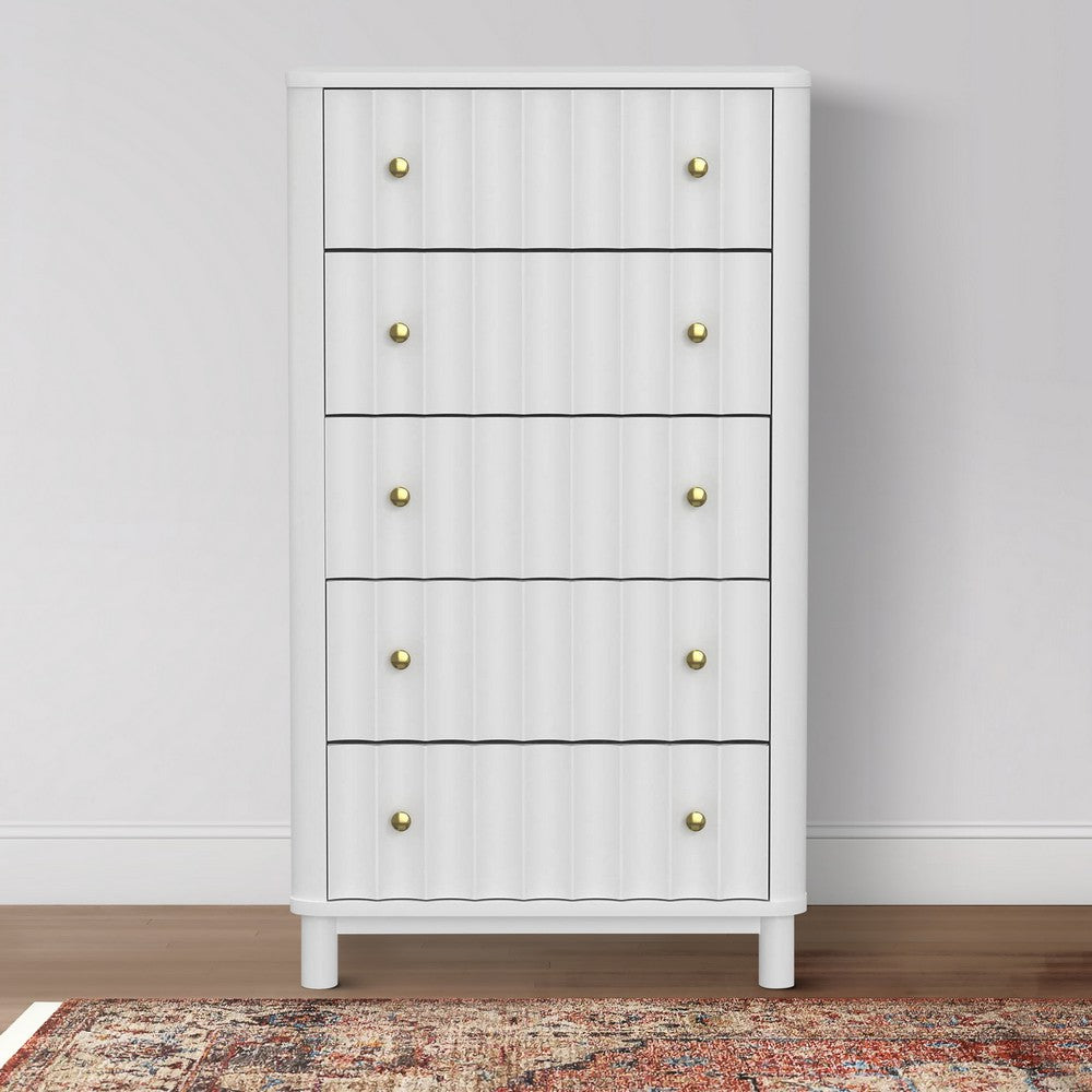 Aya 48 Inch Tall 5 Drawer Dresser Chest, Scalloped Motif Front, White Wood