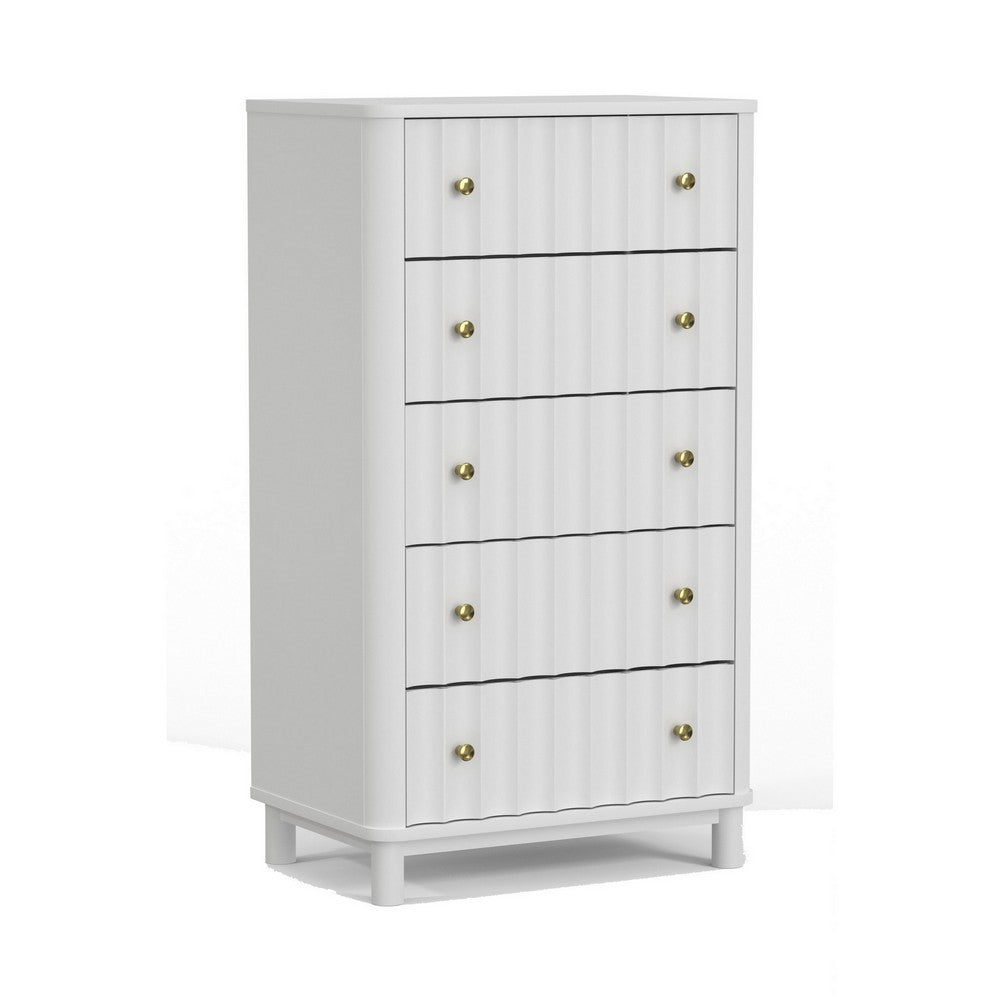Aya 48 Inch Tall 5 Drawer Dresser Chest, Scalloped Motif Front, White Wood