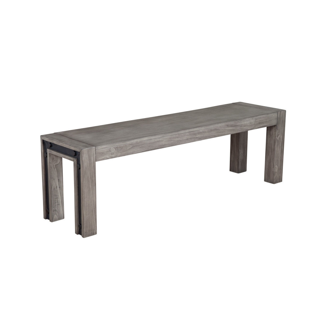 Ebb 59 Inch Rectangular Dining Bench, Faux Metal Inset, Handcrafted, Gray