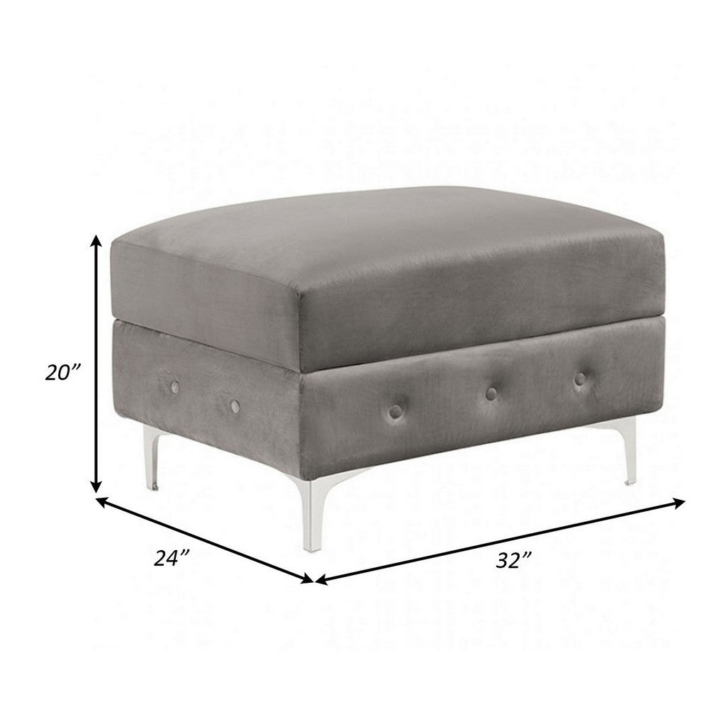 Anzo 32 Inch Square Ottoman, Button Tufting, Chrome Plated Steel Legs, Gray