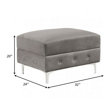 Anzo 32 Inch Square Ottoman, Button Tufting, Chrome Plated Steel Legs, Gray