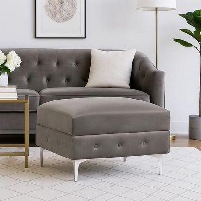 Anzo 32 Inch Square Ottoman, Button Tufting, Chrome Plated Steel Legs, Gray
