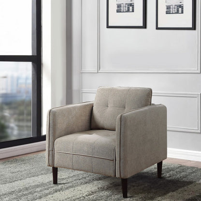 Hak 33 Inch Accent Chair, Rounded Arms, Biscuit Tufting, Wood Legs, Taupe