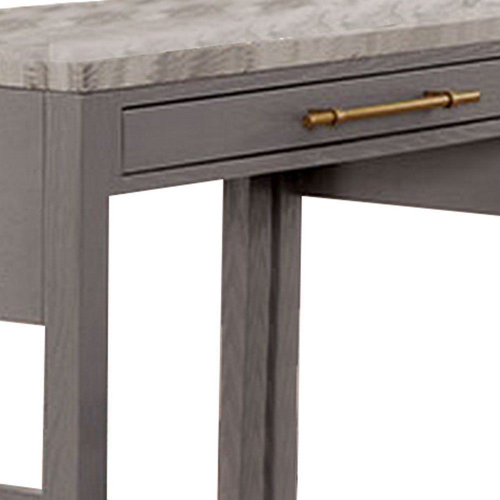 39 Inch Faux Marble Top Table with Felt Lined Storage Drawer, Gray, White