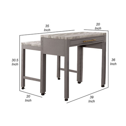 39 Inch Faux Marble Top Table with Felt Lined Storage Drawer, Gray, White