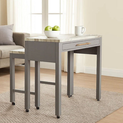 39 Inch Faux Marble Top Table with Felt Lined Storage Drawer, Gray, White