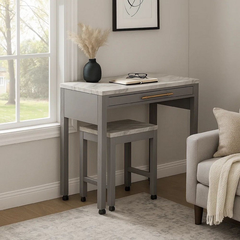 39 Inch Faux Marble Top Table with Felt Lined Storage Drawer, Gray, White