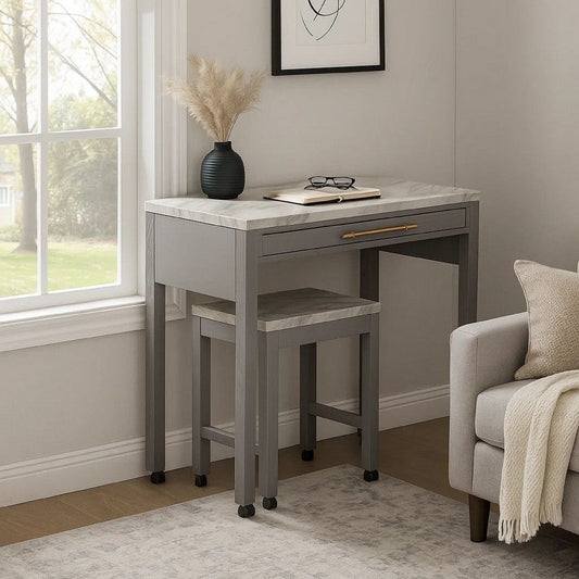 39 Inch Faux Marble Top Table with Felt Lined Storage Drawer, Gray, White