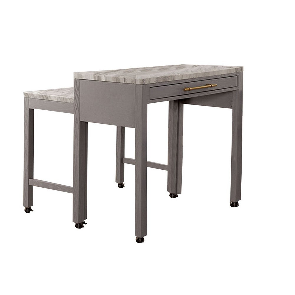 39 Inch Faux Marble Top Table with Felt Lined Storage Drawer, Gray, White