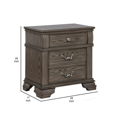 Akia 28 Inch Traditional 3 Drawer Nightstand, Metal Knobs, Smooth Gray
