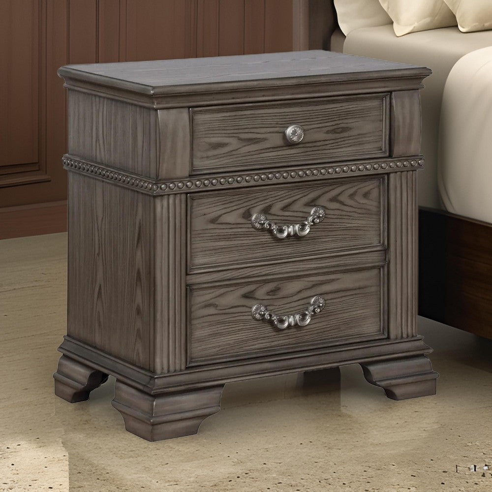 Akia 28 Inch Traditional 3 Drawer Nightstand, Metal Knobs, Smooth Gray