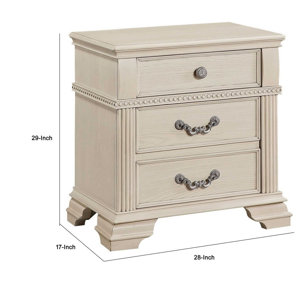 Akia 28 Inch Traditional 3 Drawer Nightstand, Metal Knobs, Crisp White