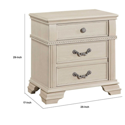 Akia 28 Inch Traditional 3 Drawer Nightstand, Metal Knobs, Crisp White
