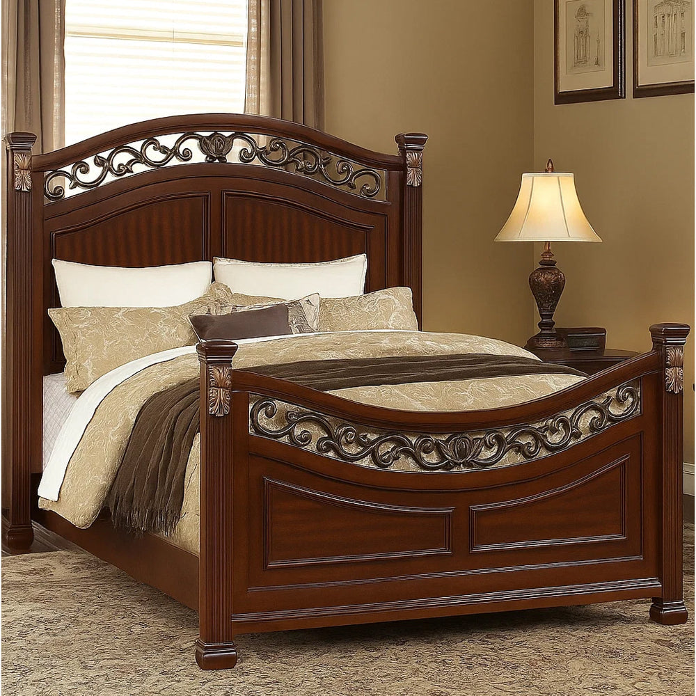 Miri Arched Queen Bed, Carved Leaf Details, Reeded Pilasters, Oak Brown