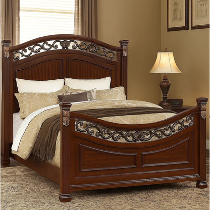 Miri Arched Queen Bed, Carved Leaf Details, Reeded Pilasters, Oak Brown