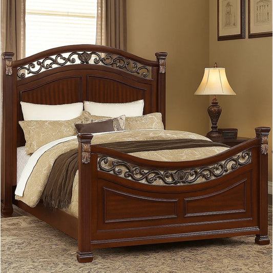 Miri Arched Queen Bed, Carved Leaf Details, Reeded Pilasters, Oak Brown