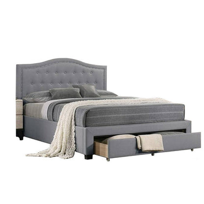 Buk Wood Full Bed, Button Tufted Upholstered, Nailhead Trim, Gray Burlap