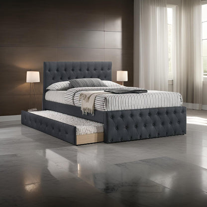 Nue Twin Upholstered Bed, Curved Tufted Headboard, Charcoal Gray Burlap