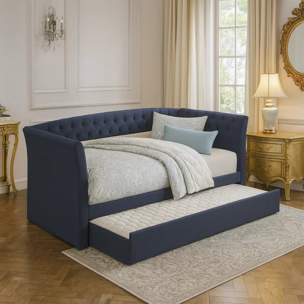 Edra Classic Upholstered Day Bed with Trundle, Tufted Charcoal Gray Burlap