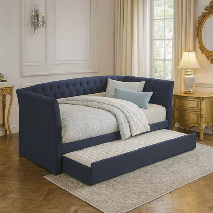 Edra Classic Upholstered Day Bed with Trundle, Tufted Charcoal Gray Burlap