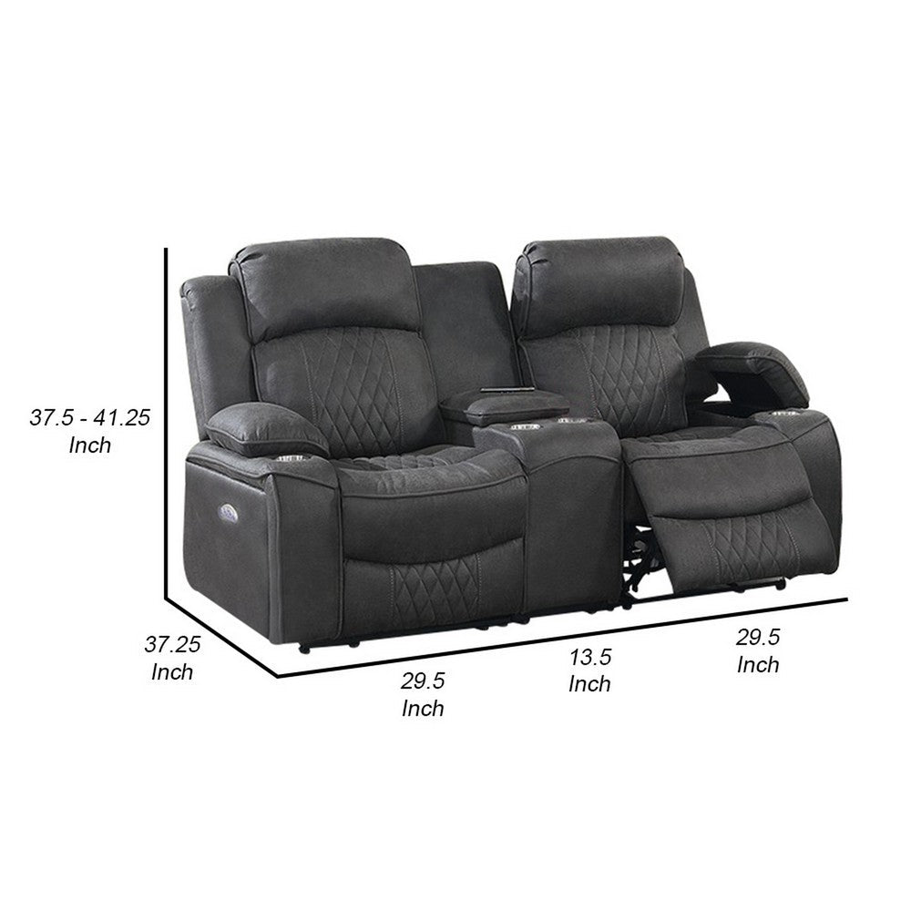 Seda 71 Inch Power Reclining Loveseat, Storage Console, Gray Faux Leather