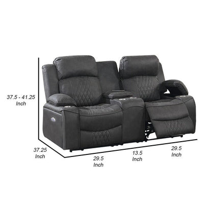 Seda 71 Inch Power Reclining Loveseat, Storage Console, Gray Faux Leather