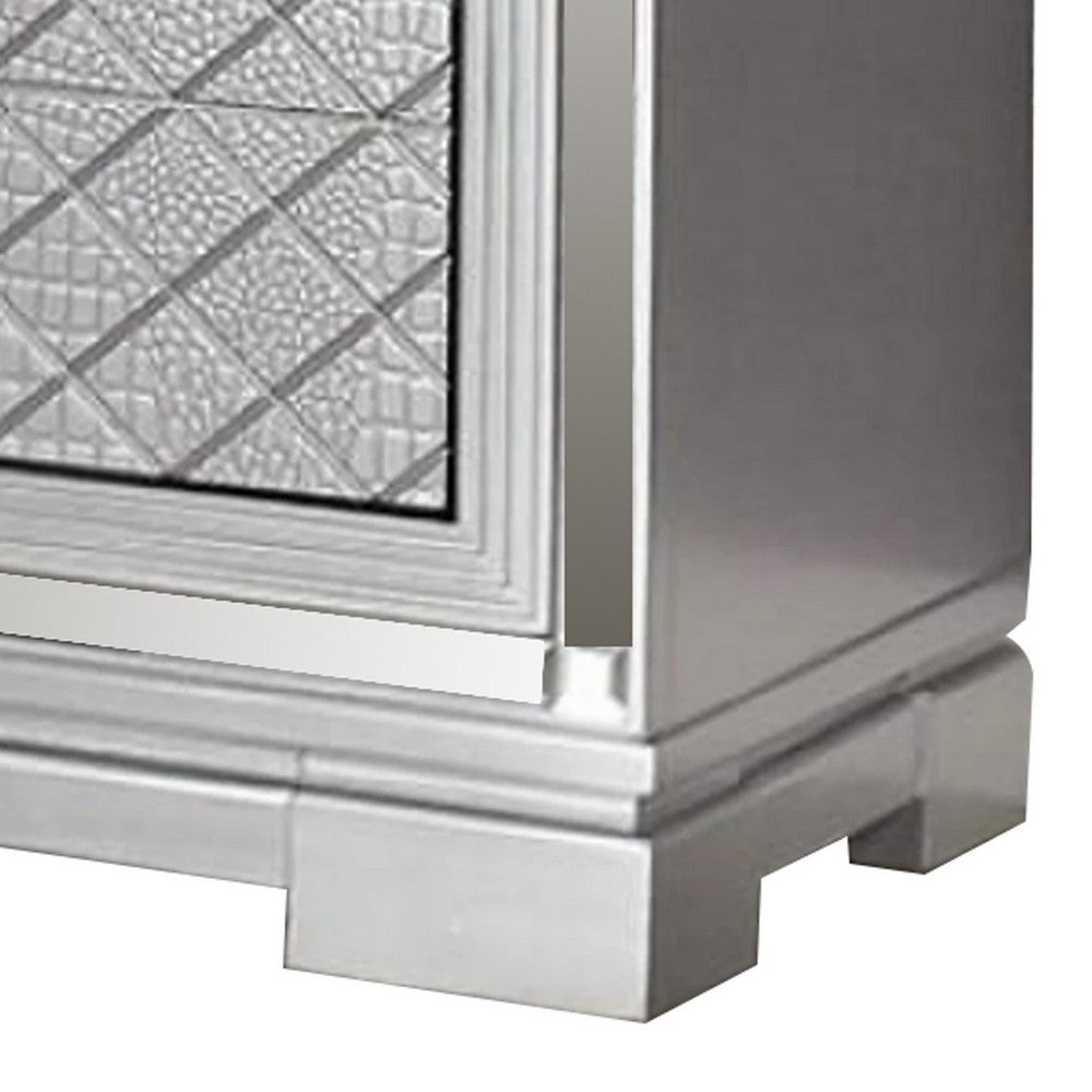 Blex 29 Inch Nightstand with 3 Drawers, Crossed Design, Silver Finish