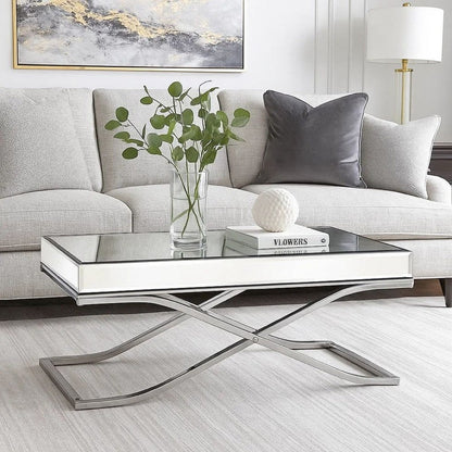 Gavin 48 Inch Coffee Table, Mirrored Panels, Curved Crossed Frame, Chrome
