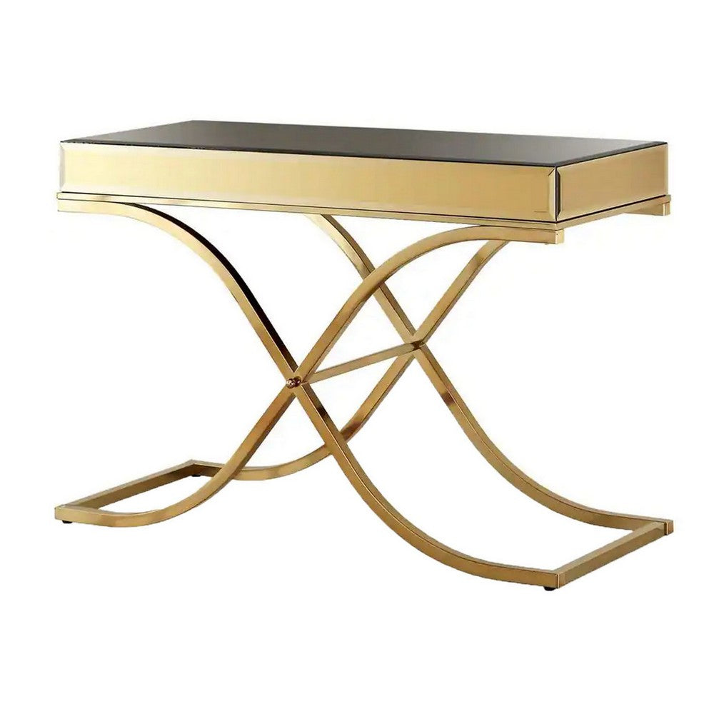 Gavin 48 Inch Sofa Console Table, Mirrored Panels, Crossed Frame, Gold