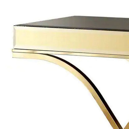 Gavin 48 Inch Sofa Console Table, Mirrored Panels, Crossed Frame, Gold