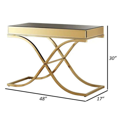 Gavin 48 Inch Sofa Console Table, Mirrored Panels, Crossed Frame, Gold