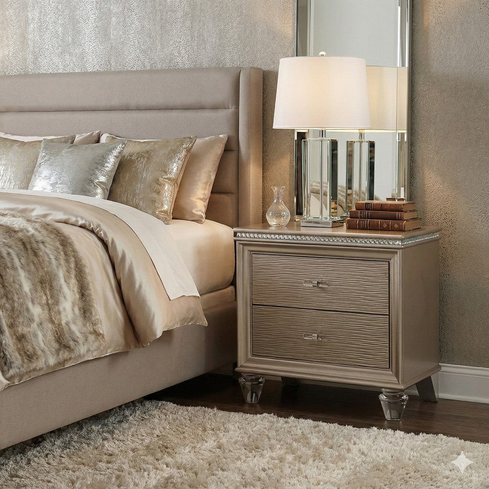 Jisoo 24 Inch Nightstand, 2 Drawers, Textured Drawer Panels, Gold Finish