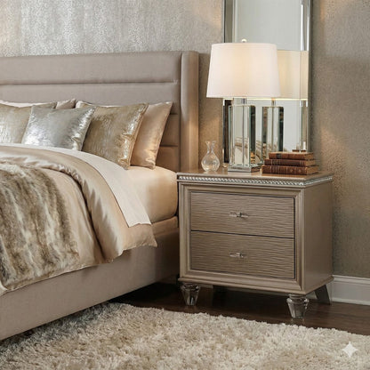 Jisoo 24 Inch Nightstand, 2 Drawers, Textured Drawer Panels, Gold Finish
