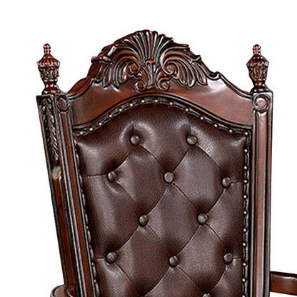 Iga 29 Inch Tufted Dining Armchair, Set of 2, Brown Faux Leather, Nailhead