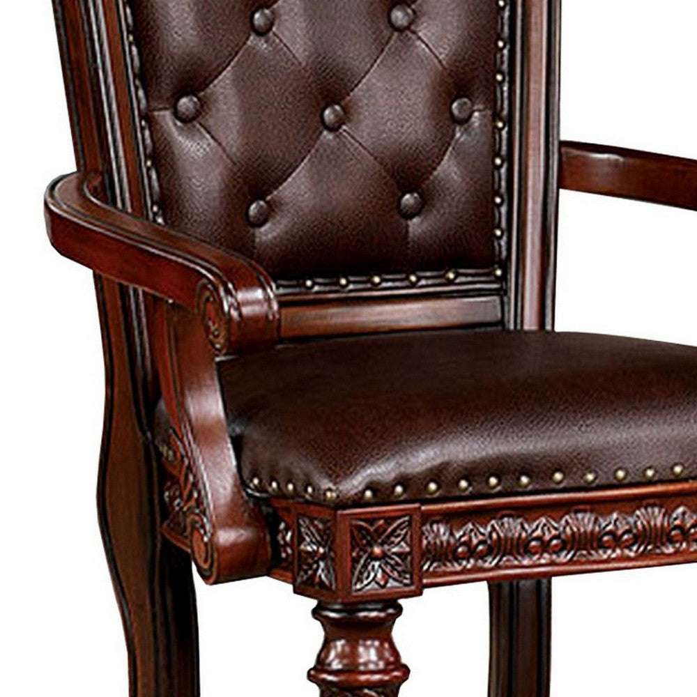 Iga 29 Inch Tufted Dining Armchair, Set of 2, Brown Faux Leather, Nailhead