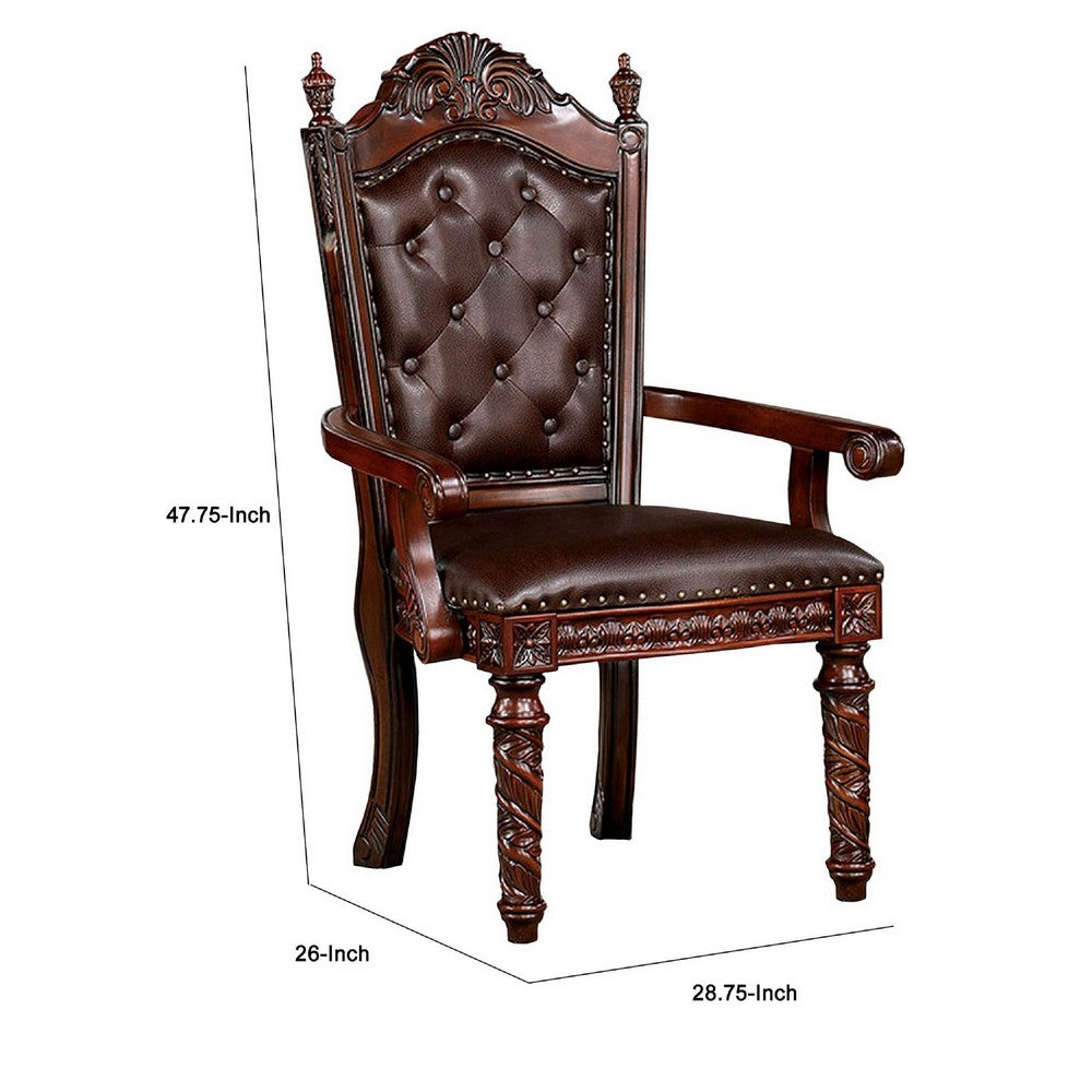 Iga 29 Inch Tufted Dining Armchair, Set of 2, Brown Faux Leather, Nailhead