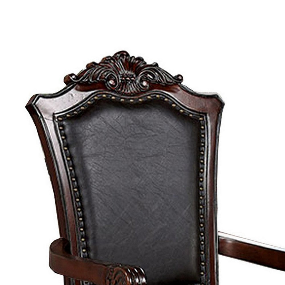 Albi 28 Inch Carved Dining Armchair, Set of 2, Black Faux Leather