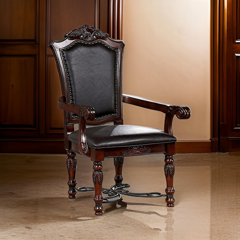 Albi 28 Inch Carved Dining Armchair, Set of 2, Black Faux Leather