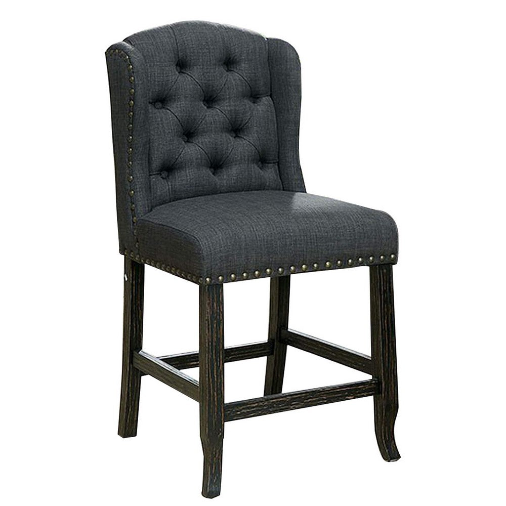 Bega 24 Inch Counter Height Chair, Set of 2, Wingback, Tufted, Smooth Gray
