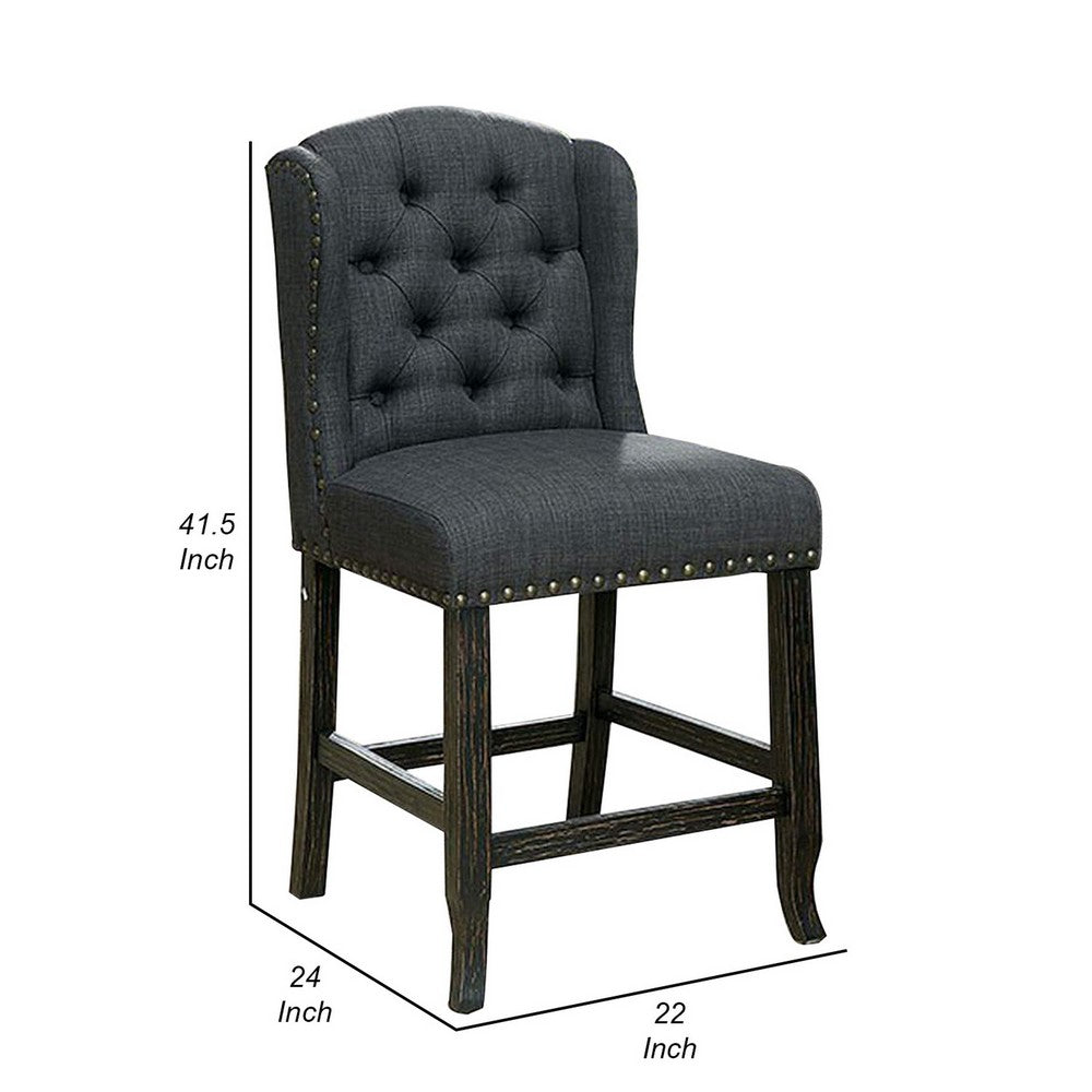 Bega 24 Inch Counter Height Chair, Set of 2, Wingback, Tufted, Smooth Gray