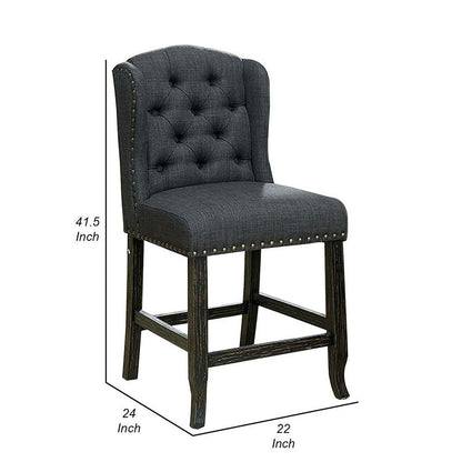 Bega 24 Inch Counter Height Chair, Set of 2, Wingback, Tufted, Smooth Gray