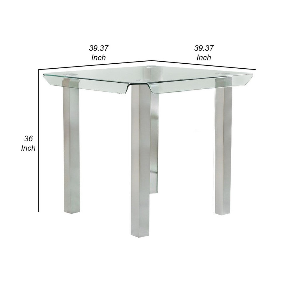 Jan 39 Inch Counter Height Glass Table, Square Top, Curved, Chrome Legs