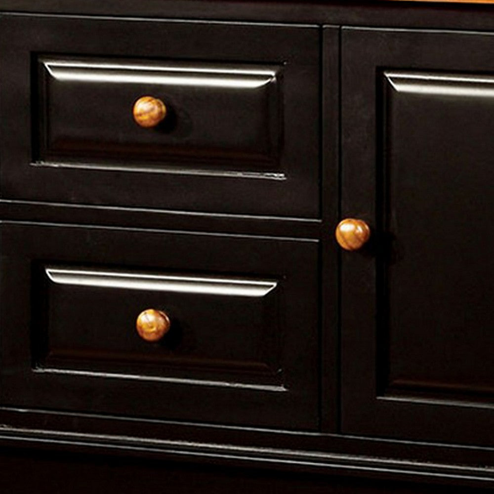 Fritz 52 Inch Server, 2 Cabinets, 2 Drawers, Black, Oak Brown, Turned Legs