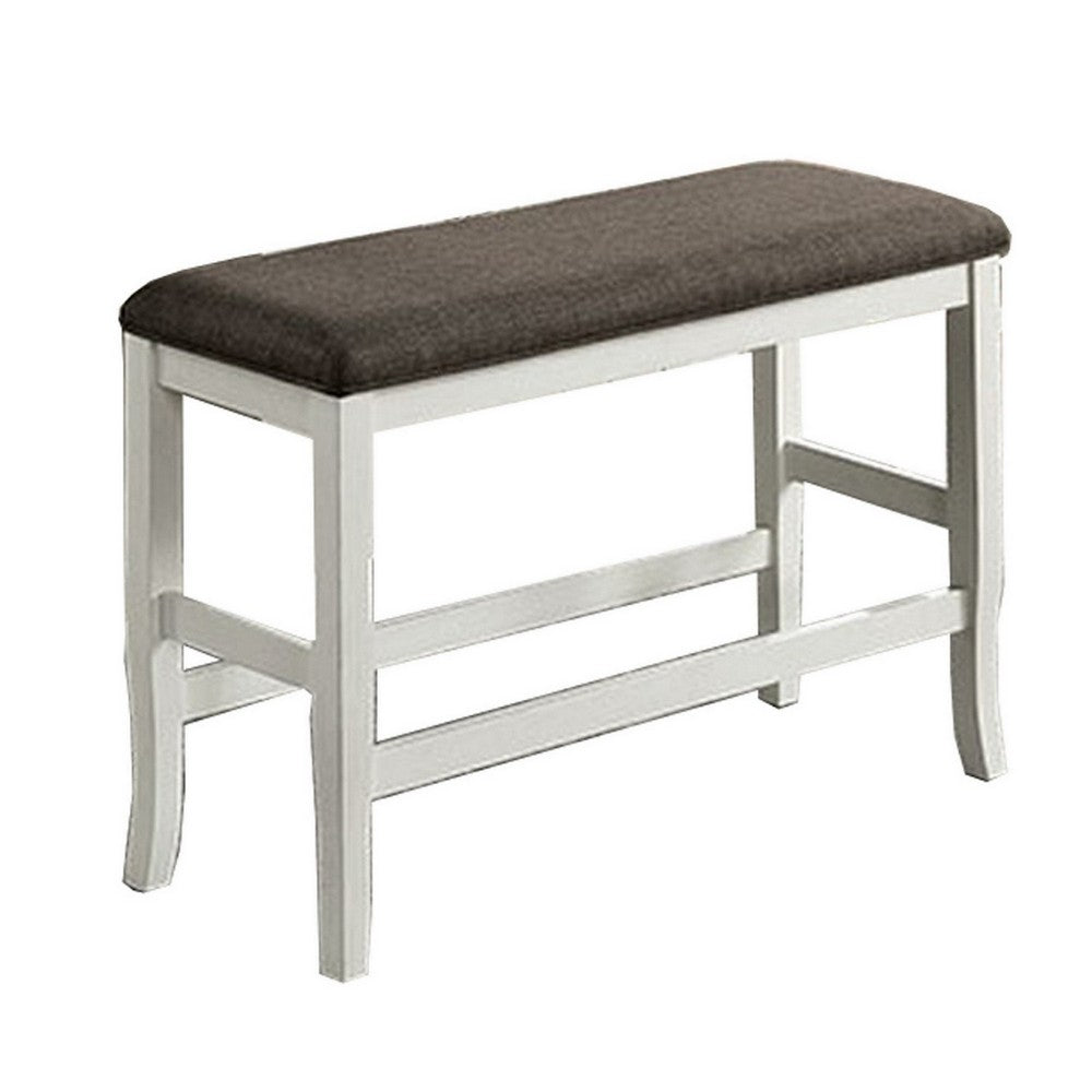 Rune 41 Inch Counter Height Bench, Off White Wood Base, Gray Padded Seat