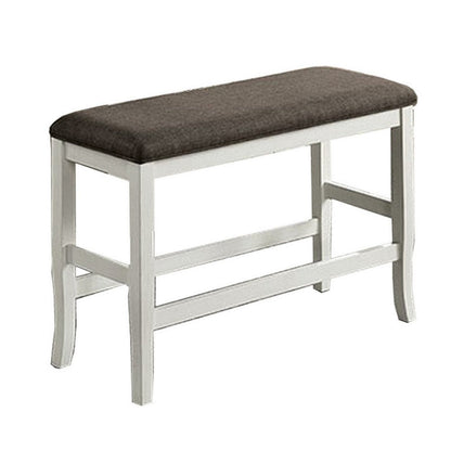 Rune 41 Inch Counter Height Bench, Off White Wood Base, Gray Padded Seat