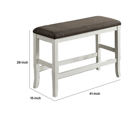 Rune 41 Inch Counter Height Bench, Off White Wood Base, Gray Padded Seat