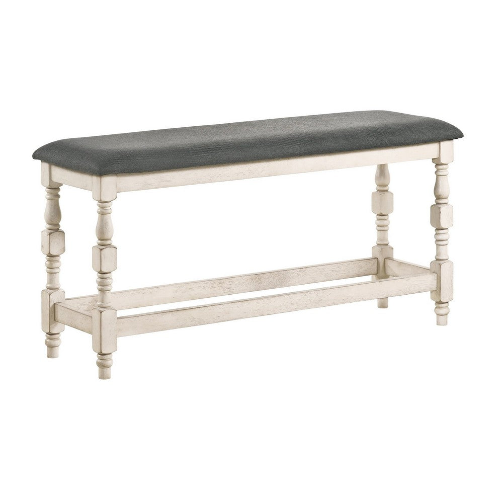 Swan 51 Inch Counter Height Bench, Gray Padded Seat, Ivory Turned Legs