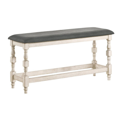 Swan 51 Inch Counter Height Bench, Gray Padded Seat, Ivory Turned Legs