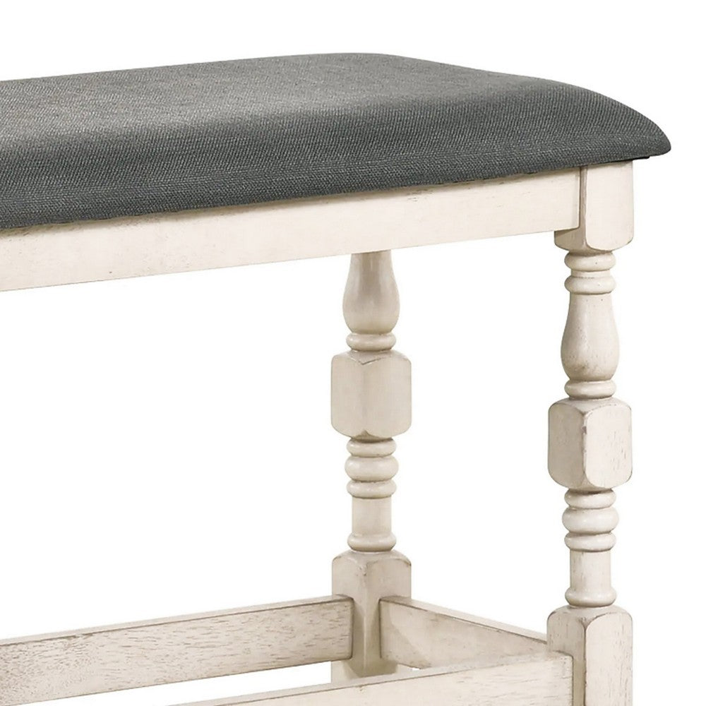 Swan 51 Inch Counter Height Bench, Gray Padded Seat, Ivory Turned Legs
